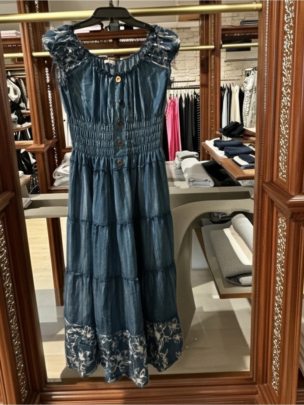 Blue Smocked Midi Dress - Lightweight Casual Summer